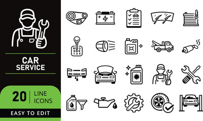 Collection of line icons for car service and auto repair, featuring mechanics and car parts.