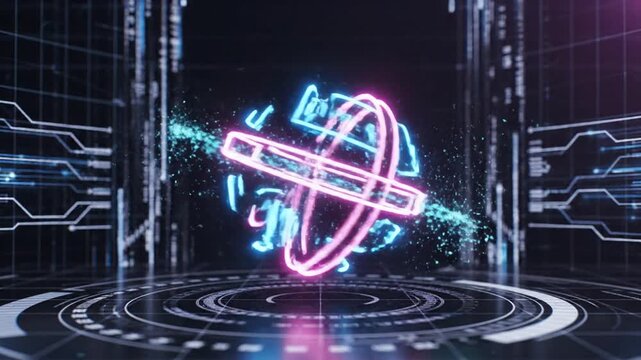 Abstract digital neon sphere with cross symbol and data flow