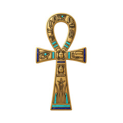 Golden Egyptian Ankh symbol with hieroglyphs and turquoise inlay