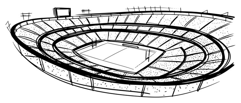 Wide perspective sketch of an empty sports stadium with tiered seating and arena field