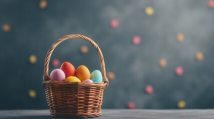 Colorful Easter eggs in a wicker basket, festive spring holiday decoration with bokeh background.