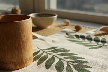 Bamboo cup and botanical table setting with natural light.