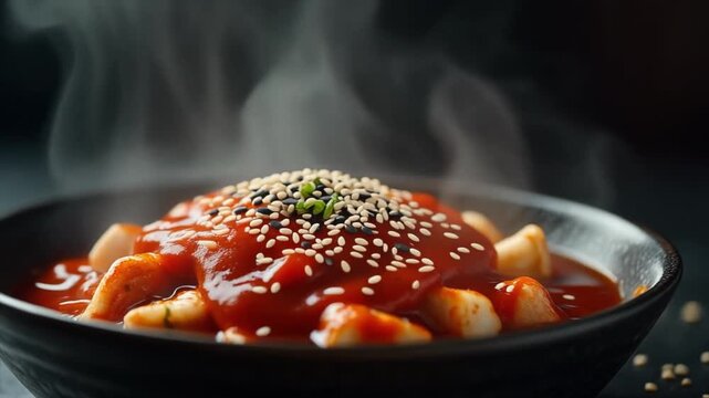 Steaming bowl of Korean Tteokbokki with sesame seeds, garnished with green onions, served in a dark bowl.
