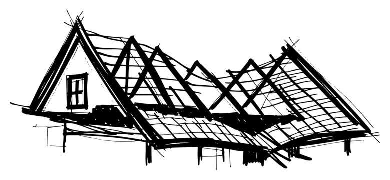 Artistic sketch of a collapsed house roof after a storm or disaster