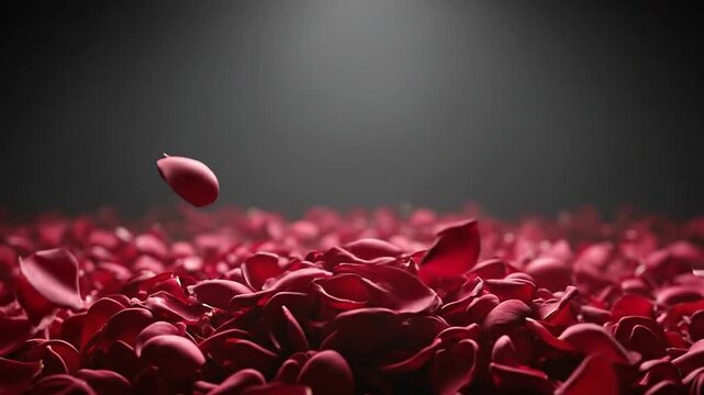 Red silk rose petals scattering exploding slow motion. Valentines Day