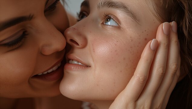 Leaning close, two women cradling cheek and smiling in studio, with thin strap, freckles, hand