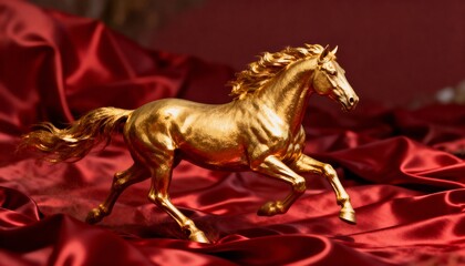 Gleaming gold horse figurine galloping on red satin at studio tabletop, catching warm highlights