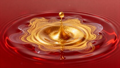 Impacting golden droplet forming crown-shaped splash on studio dish, gold pigment ripples