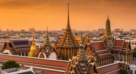 Naklejka premium Golden-roofed ornate temple complex with spires against a cityscape at sunset