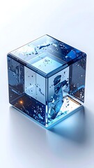 A transparent blue cube with a glowing interior on a white background