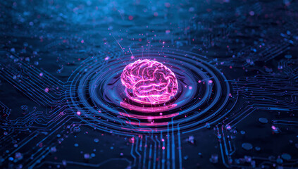 波紋のように広がるデータを灯す発光脳、回路の海に走る光の輪