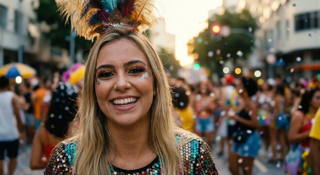 Portrait of a happy young woman amidst the crowd at the Brazilian carnival - retrato de uma jovem mulher feliz em meio a multid&atilde;o no carnaval brasileiro