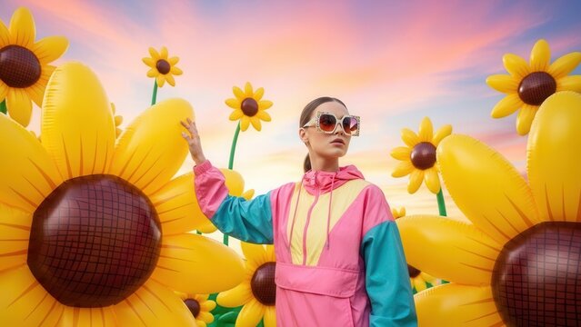 Stylish woman in colorful retro outfit and sunglasses surrounded by sunflowers at sunset, vibrant summer fashion