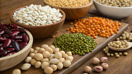 Fototapeta premium A healthy variety of dried beans, lentils, and peas creates a colorful vegetarian market display featuring brown and green ingredients alongside black spices and nuts for authentic cuisine