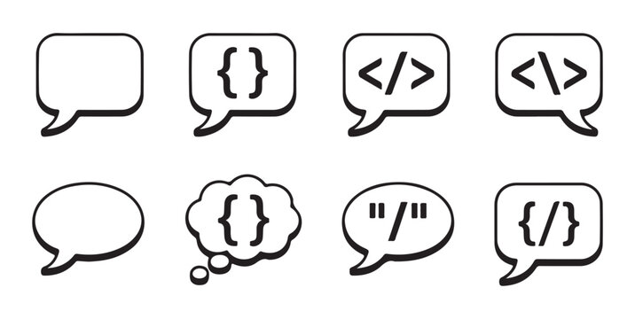Programming code speech bubble icons with curly brackets and tags for developers and software engineering apps