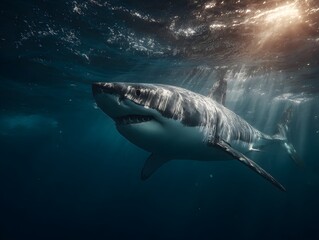 Naklejka premium Majestic Great White Shark swimming near the surface with sun rays penetrating deep blue ocean water in a cinematic marine wildlife shot.