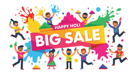 Vibrant illustration of people celebrating Happy Holi with colorful powders and water splashes, surrounded by a big sale banner in a lively and festive atmosphere.