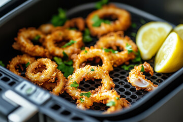 Air fryer basket filled with crispy fried calamari, golden and crunchy, lemon wedges on the side