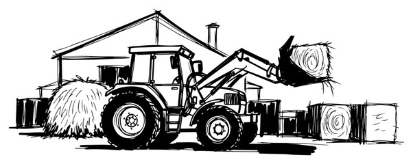 Hand drawn sketch of a farm tractor with front loader moving hay bales © Katarzyna