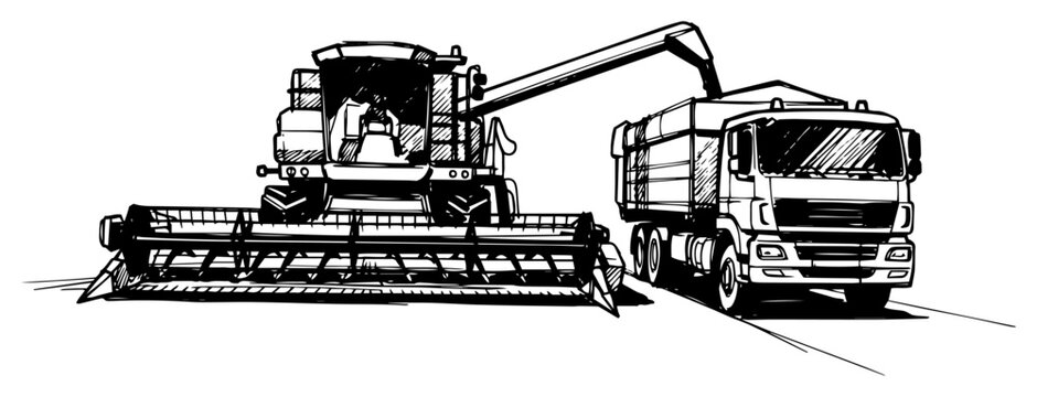 Hand drawn agricultural sketch of a combine harvester loading grain into a truck
