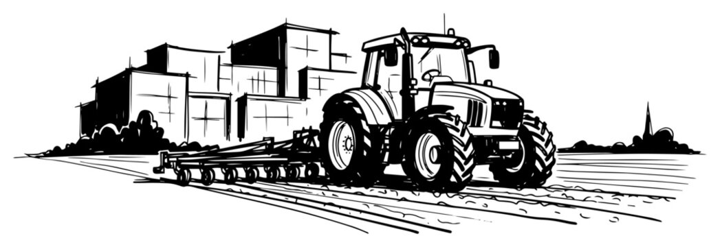 Perspective sketch of a tractor working in a field with farm buildings background