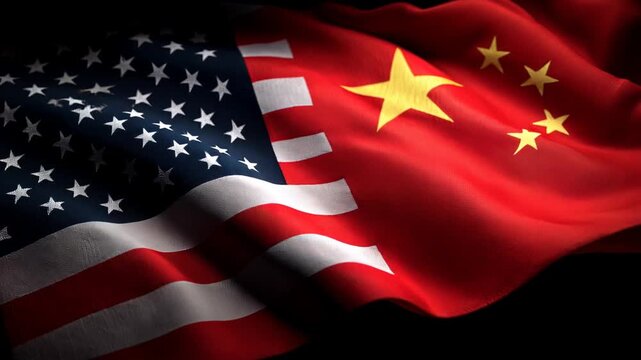 us american and chinese flag waving together. relations between usa and china. trade war deal conflict agreement