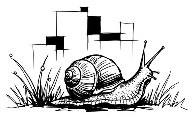Artistic hand drawn illustration of a large snail crawling through grass with urban background © Katarzyna