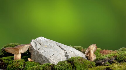 Obraz premium Two wild mushrooms elegantly positioned beside a weathered grey rock and vibrant green moss, set against a smooth, bright green background, evoking a serene and natural woodland environment