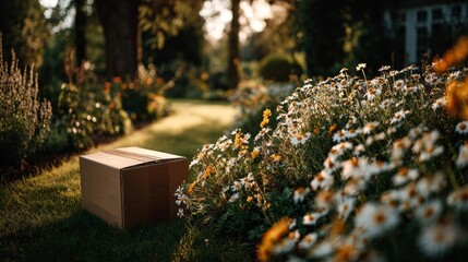Naklejka premium A cardboard delivery box sits on lush green grass next to a vibrant bed of white daisy-like flowers in a sunlit garden. It's delivery or moving themes.