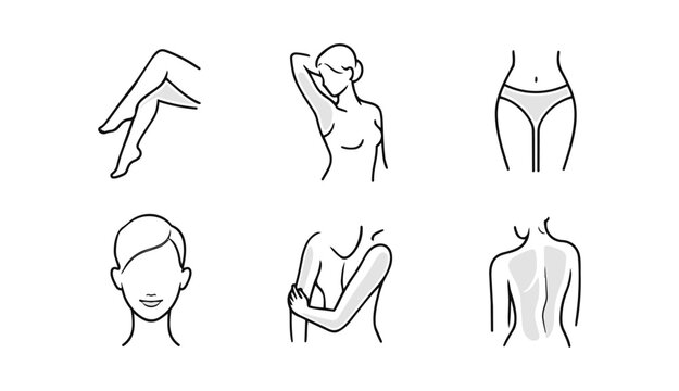 Female Hair Removal Body Zones Line Icon Set - Legs, Underarms, Bikini, Face, Arms, Back