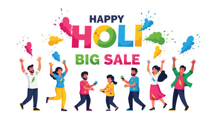 Fototapeta premium Colorful illustration of people celebrating with vibrant powders and text reading 'HAPPY HOLI BIG SALE' on a white background, conveying a joyful and festive mood.