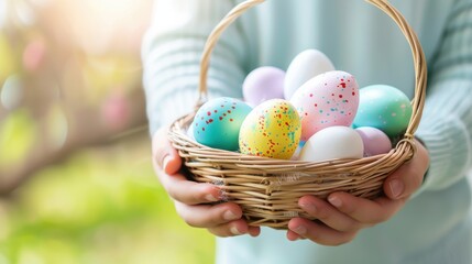 Hands holding a wicker basket filled with colorful, pastel Easter eggs in soft spring light outdoors.