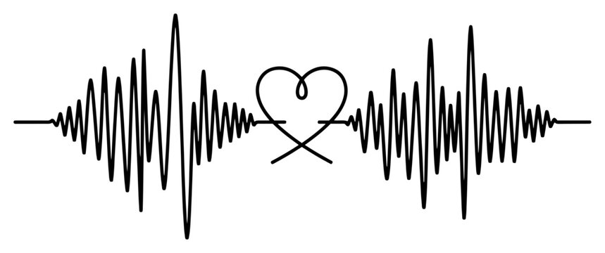 Minimalist line art of a sound wave frequency with a heart symbol in the middle