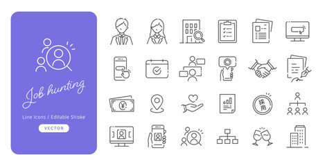 就活や人事採用に使えるジョブハンティングのベクターアイコンセット（線画・モノクロ･アウトライン）Editable stroke