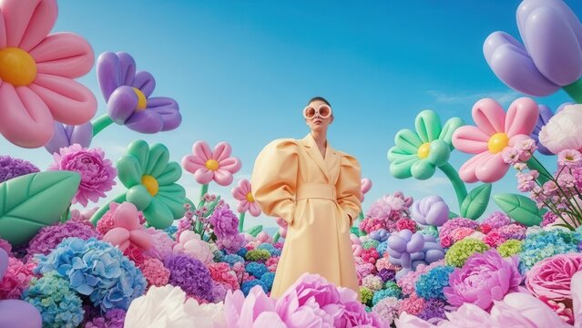 A fashion-forward model stands poised amidst a vibrant landscape of oversized, whimsical pastel flowers, creating a playful and fantastical scene under a bright blue sky.