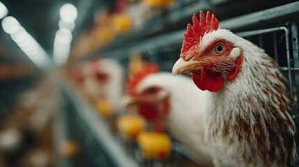 Modern Industrial Poultry Farm with White Leghorn Chickens in Battery Cages