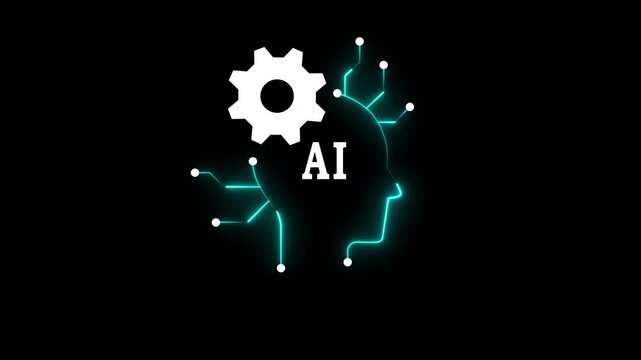 abstract man head and setting icon animation on black background,neon human head with gear and chip,neon ai brain interface animation on dark background