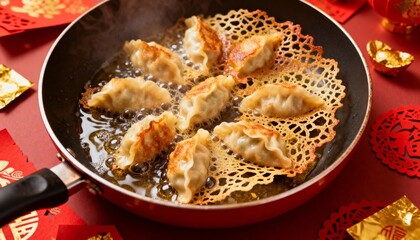 Sizzling red nonstick pan holding eight pleated dumplings on red tabletop, with gold ingots