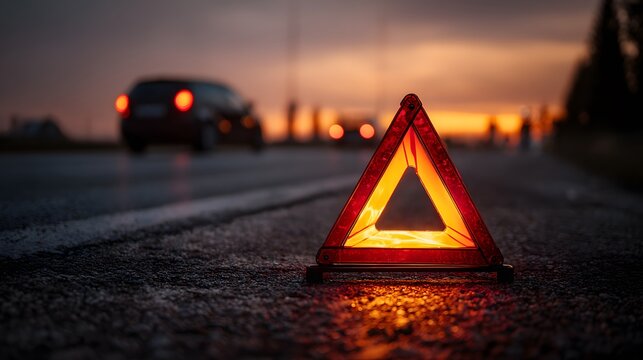 Red reflective warning triangle sits on an asphalt road with a car silhouette in the background and sunset lighting for safety concept.