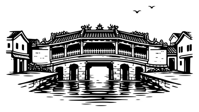 Traditional Japanese Covered Bridge in Hoi An Vietnam with historical architectural details in vintage woodcut style