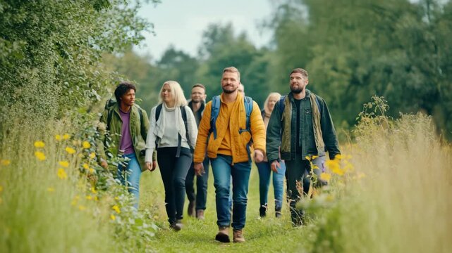 group of friends hiking through green field for adventure and wellness
