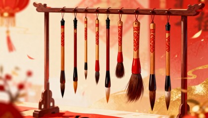 Hanging wooden rack holding ten Chinese calligraphy brushes at workshop, with red cloth
