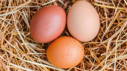 Three organic brown eggs of different shades nestled in a natural golden hay nest. Fresh farm produce close-up.