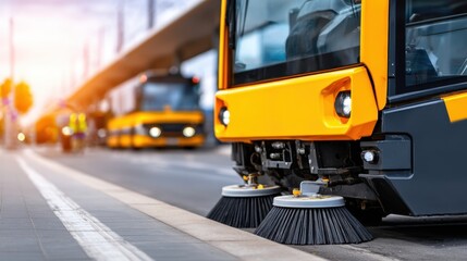 Closeup of a bright yellow street sweeper on an urban road front brushes poised, morning sun glow on pavement