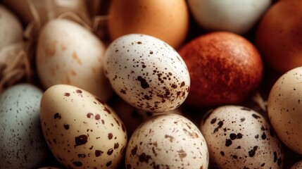 Obraz premium Variety of colorful speckled eggs in natural nesting environment.