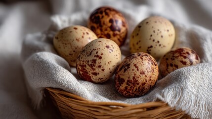 Obraz premium Rustic basket of quail eggs with varied brown speckles on linen fabric.
