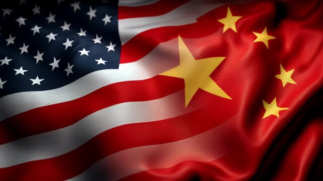 us american and chinese flag waving together. relations between usa and china. trade war deal conflict agreement