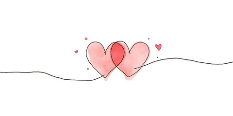 Continuous line heart shape border with realistic paper heart on white background for valentines, women, mother day greeting invitation graphic design