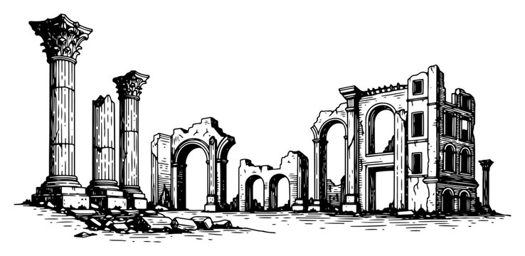 Ancient roman ruins with classical columns and crumbling stone architecture in hand drawn engraving style