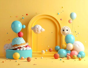 A vibrant scene with a cake, balloons, and colorful objects on a yellow background